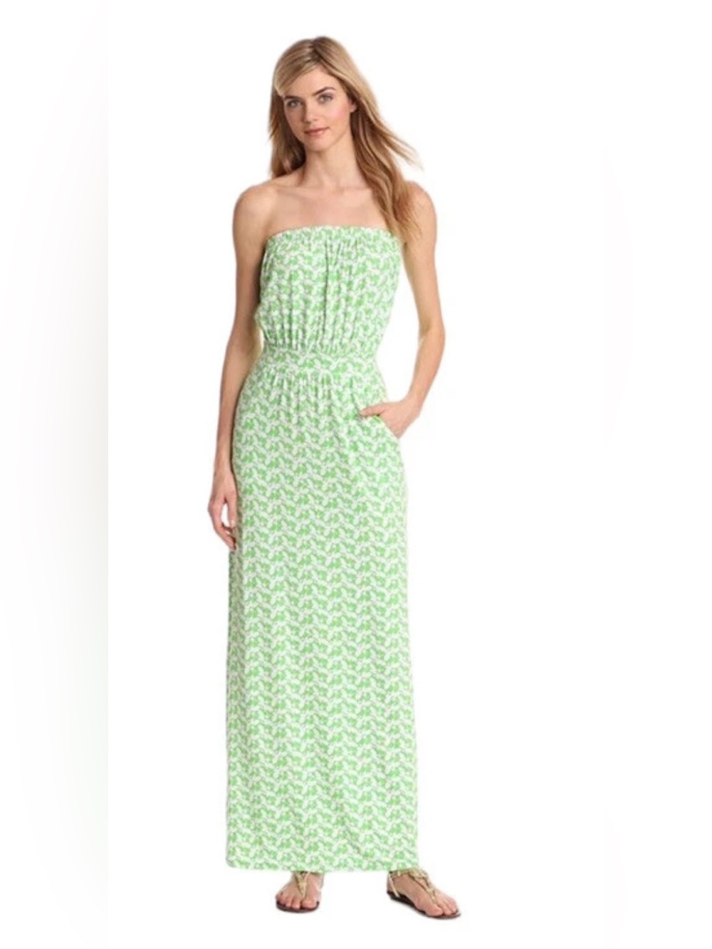 Lilly Pulitzer Green White Buzz Worthy Print Midori Maxi Pocket Tube Dress S
